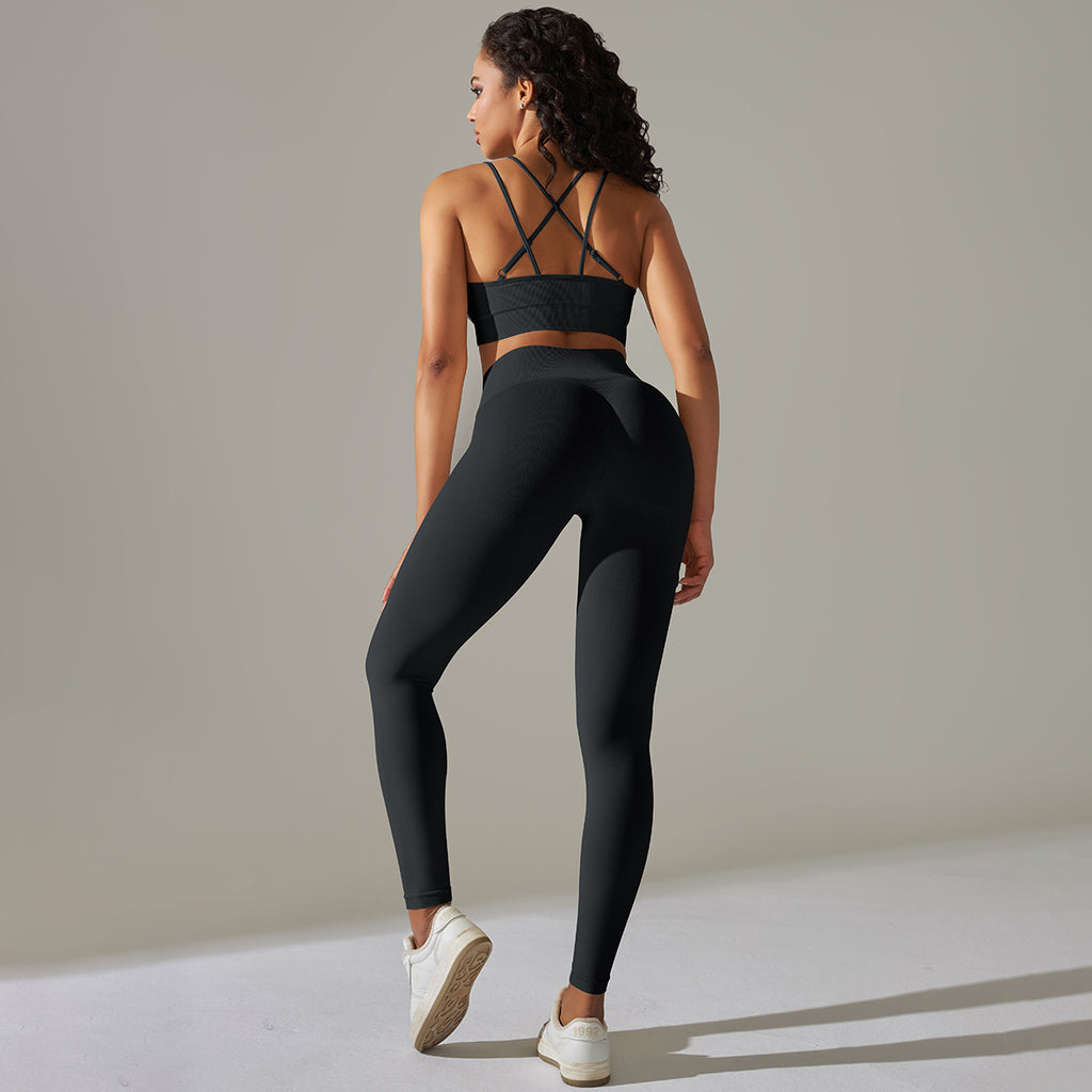 Everful Completo Yoga Senza Cuciture a Costine Donna Vita Alta Controllo Pancia Reggiseno Sportivo Leggings Pantaloncini