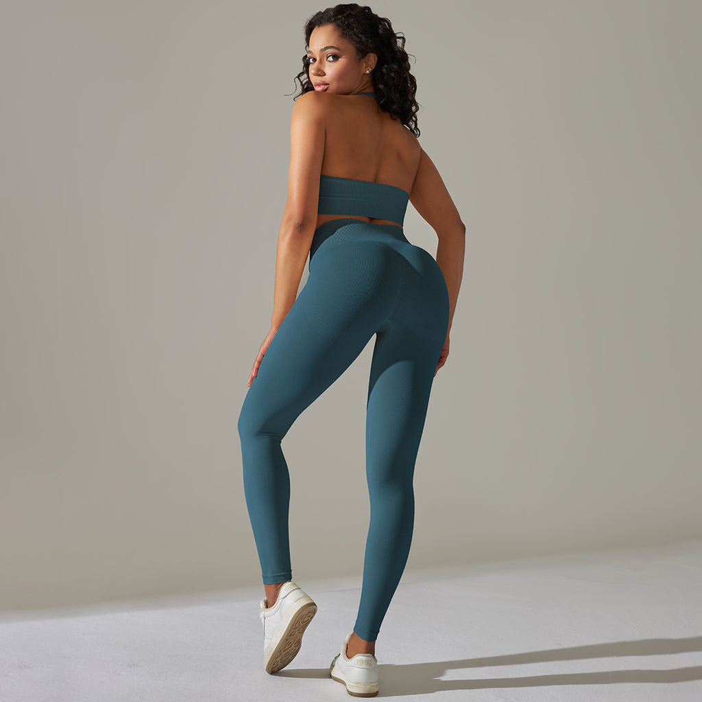 Everful Completo Yoga Senza Cuciture a Costine Donna Vita Alta Controllo Pancia Reggiseno Sportivo Leggings Pantaloncini