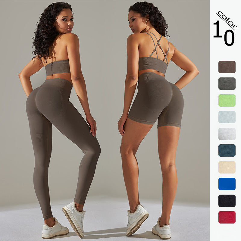 Everful Completo Yoga Senza Cuciture a Costine Donna Vita Alta Controllo Pancia Reggiseno Sportivo Leggings Pantaloncini