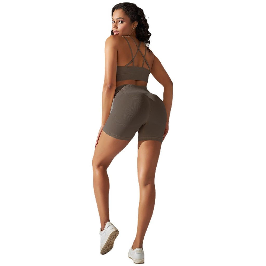Everful Completo Yoga Senza Cuciture a Costine Donna Vita Alta Controllo Pancia Reggiseno Sportivo Leggings Pantaloncini