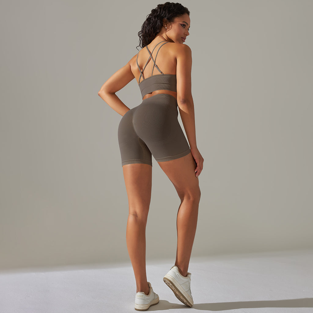 Everful Completo Yoga Senza Cuciture a Costine Donna Vita Alta Controllo Pancia Reggiseno Sportivo Leggings Pantaloncini