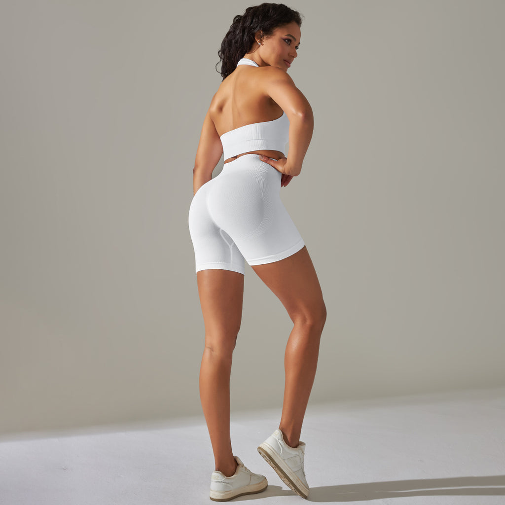 Everful Completo Yoga Senza Cuciture a Costine Donna Vita Alta Controllo Pancia Reggiseno Sportivo Leggings Pantaloncini