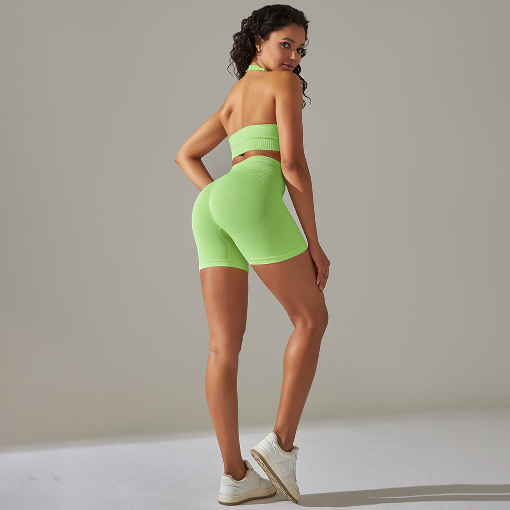Everful Completo Yoga Senza Cuciture a Costine Donna Vita Alta Controllo Pancia Reggiseno Sportivo Leggings Pantaloncini
