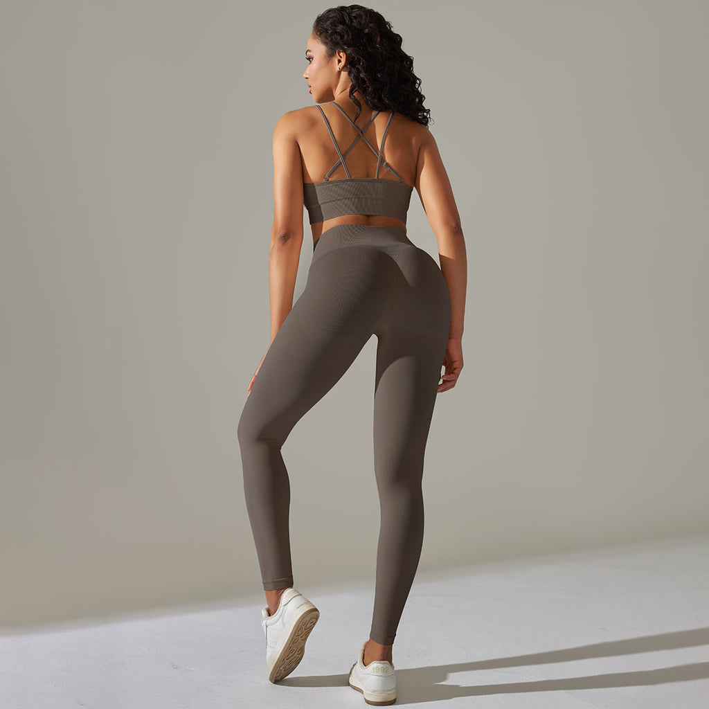 Everful Completo Yoga Senza Cuciture a Costine Donna Vita Alta Controllo Pancia Reggiseno Sportivo Leggings Pantaloncini