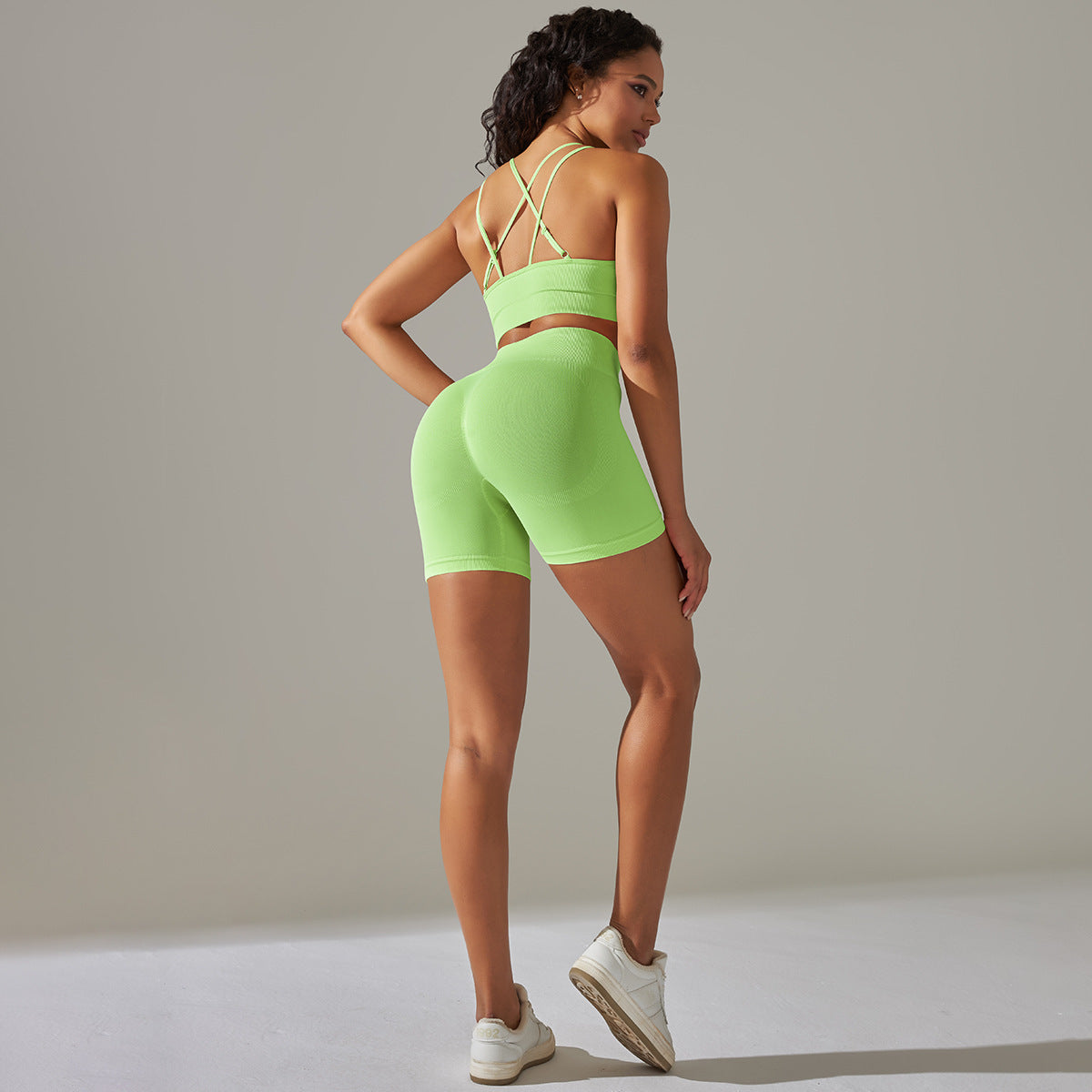 Everful Completo Yoga Senza Cuciture a Costine Donna Vita Alta Controllo Pancia Reggiseno Sportivo Leggings Pantaloncini