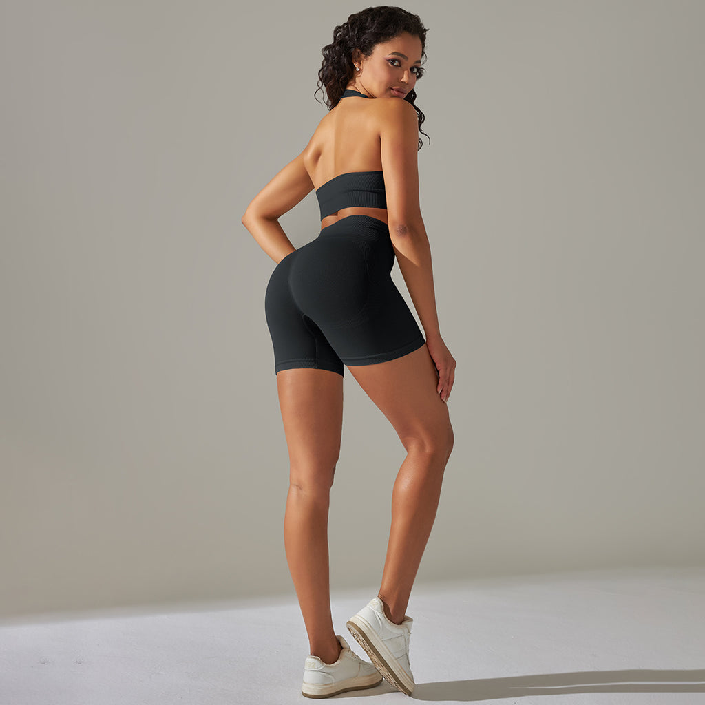Everful Completo Yoga Senza Cuciture a Costine Donna Vita Alta Controllo Pancia Reggiseno Sportivo Leggings Pantaloncini