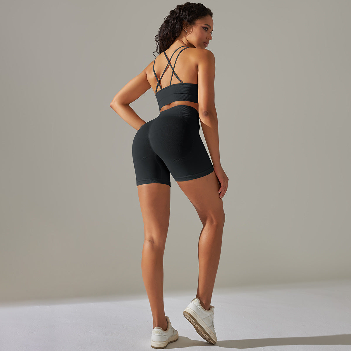 Everful Completo Yoga Senza Cuciture a Costine Donna Vita Alta Controllo Pancia Reggiseno Sportivo Leggings Pantaloncini