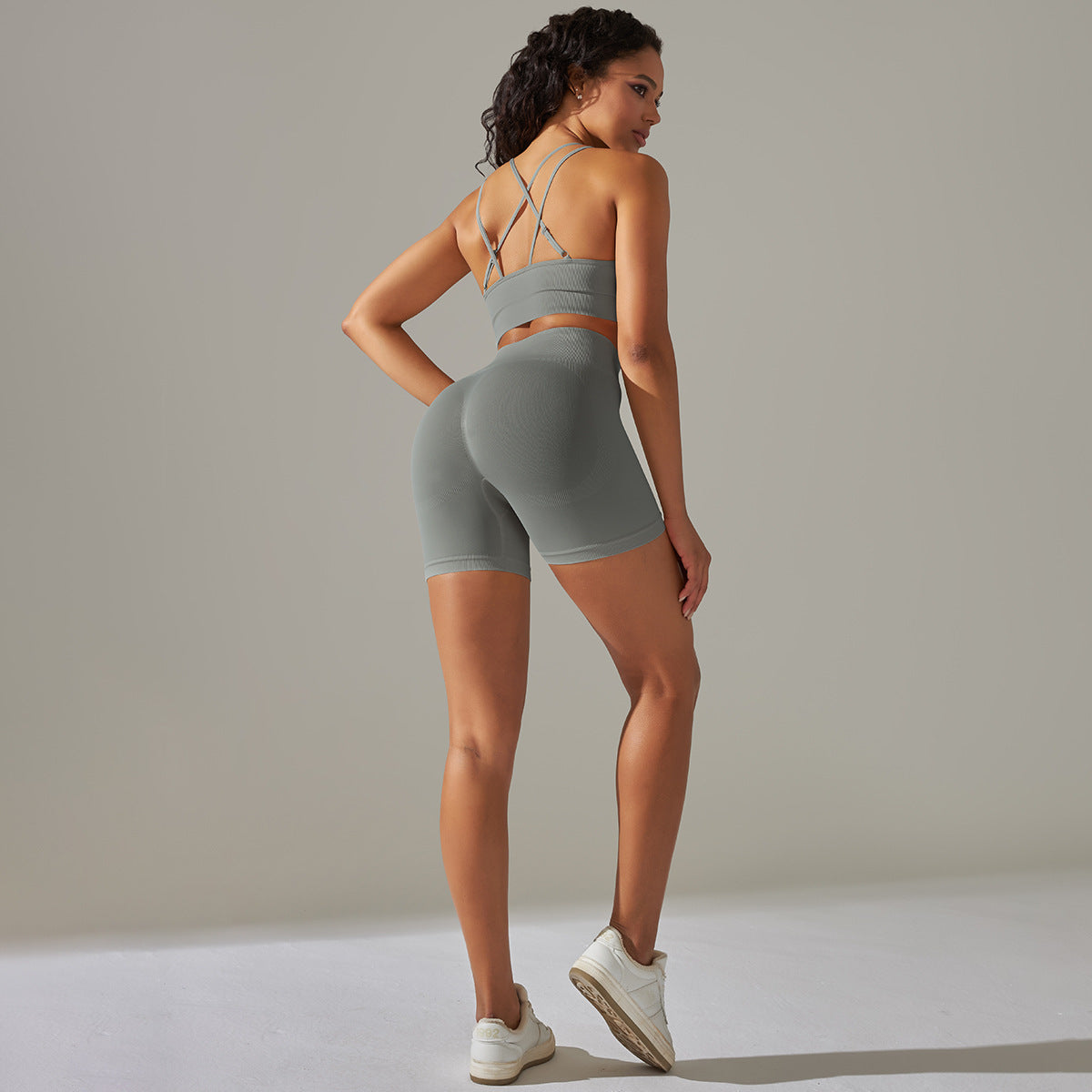 Everful Completo Yoga Senza Cuciture a Costine Donna Vita Alta Controllo Pancia Reggiseno Sportivo Leggings Pantaloncini