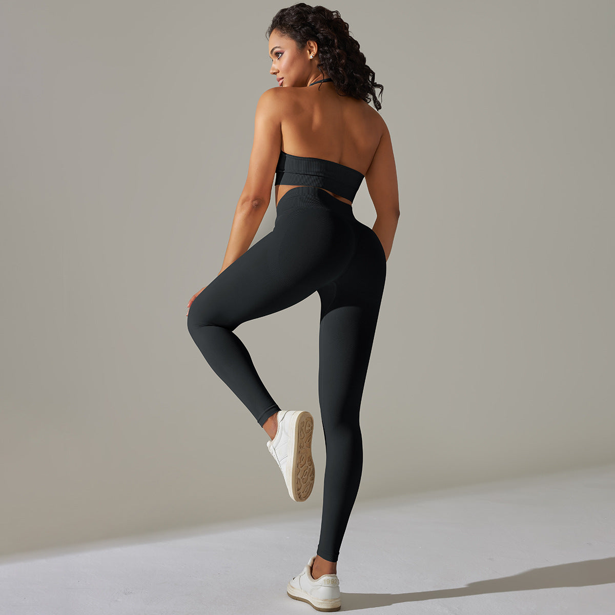 Everful Completo Yoga Senza Cuciture a Costine Donna Vita Alta Controllo Pancia Reggiseno Sportivo Leggings Pantaloncini