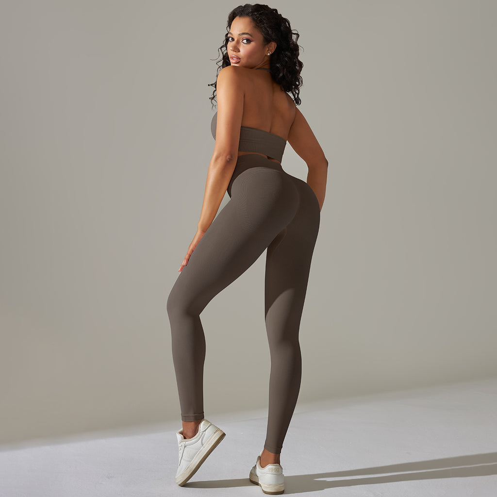 Everful Completo Yoga Senza Cuciture a Costine Donna Vita Alta Controllo Pancia Reggiseno Sportivo Leggings Pantaloncini