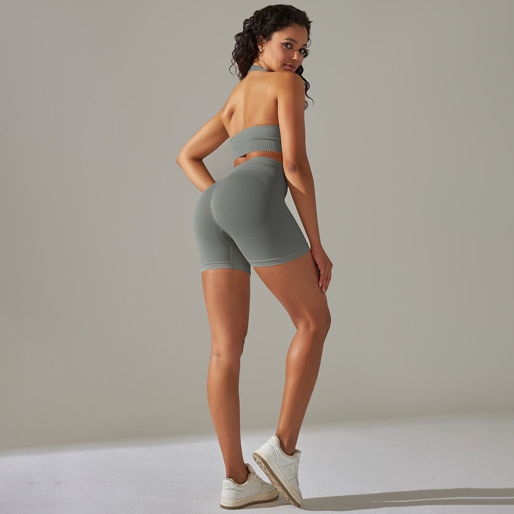 Everful Completo Yoga Senza Cuciture a Costine Donna Vita Alta Controllo Pancia Reggiseno Sportivo Leggings Pantaloncini