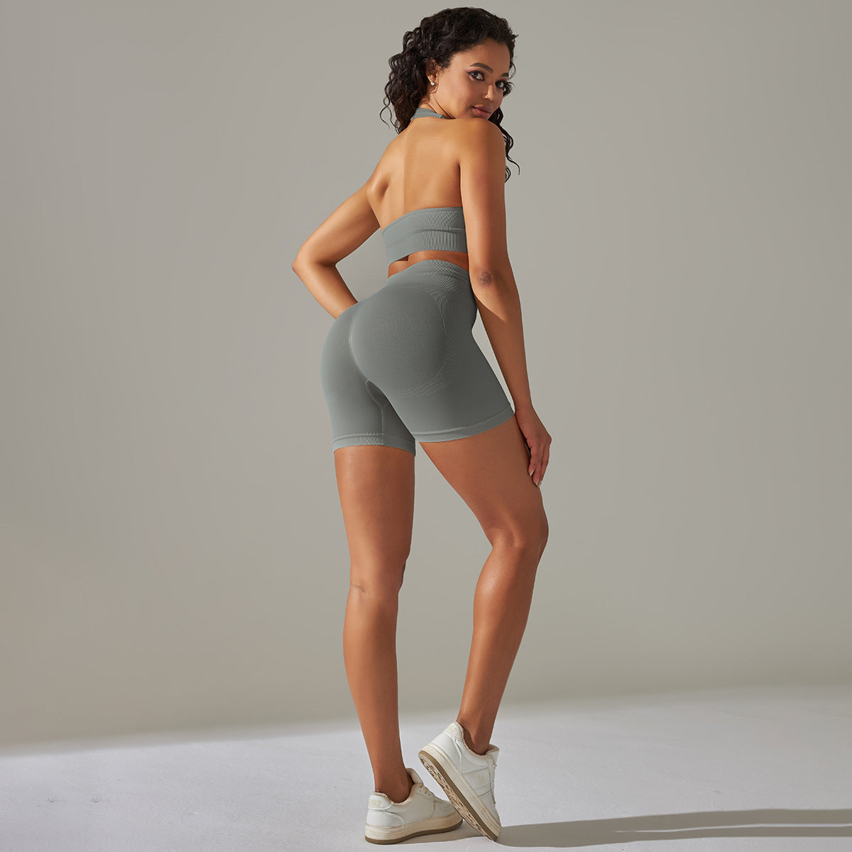 Everful Completo Yoga Senza Cuciture a Costine Donna Vita Alta Controllo Pancia Reggiseno Sportivo Leggings Pantaloncini