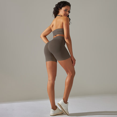 Everful Completo Yoga Senza Cuciture a Costine Donna Vita Alta Controllo Pancia Reggiseno Sportivo Leggings Pantaloncini